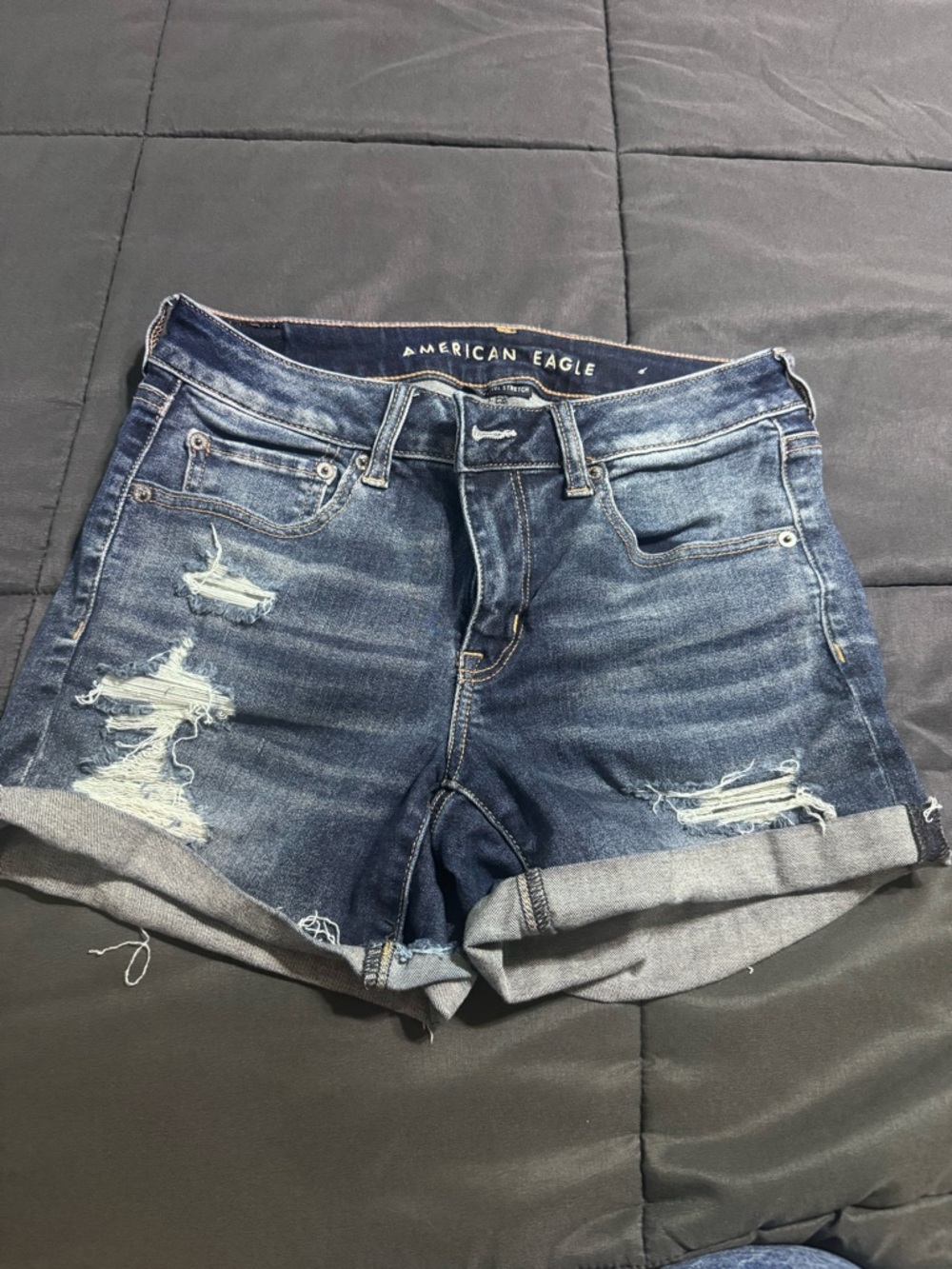 American Eagle Outfitters Distressed Rolled Hem Denim Shorts - Dark Blue